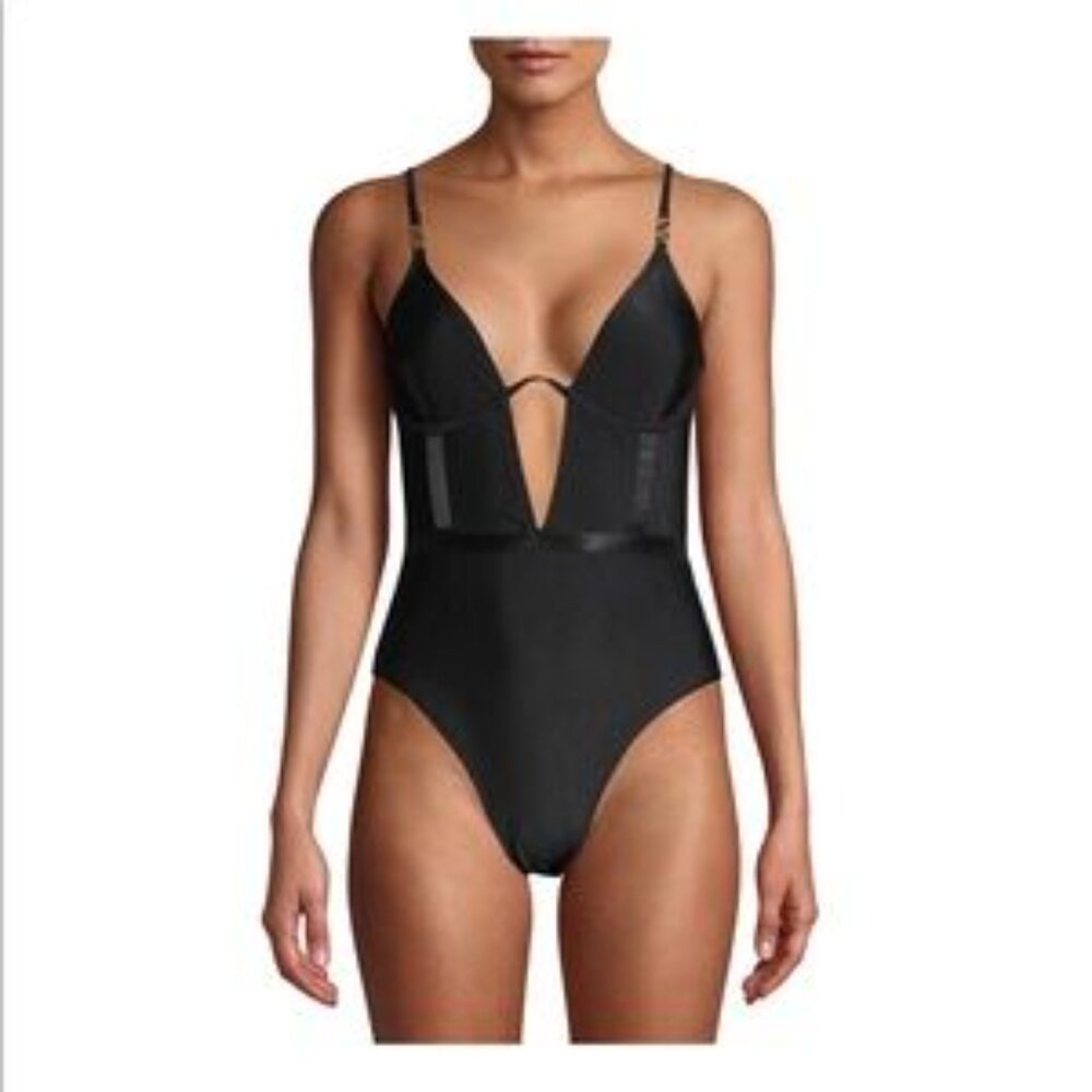 NWT XOXO Black Ribbed Push up Plunge One Piece Sexy Swimsuit